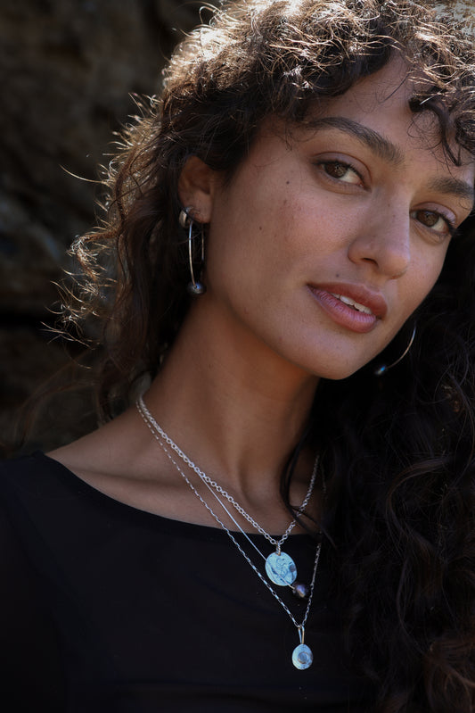 Black Floating Pearl Hoops