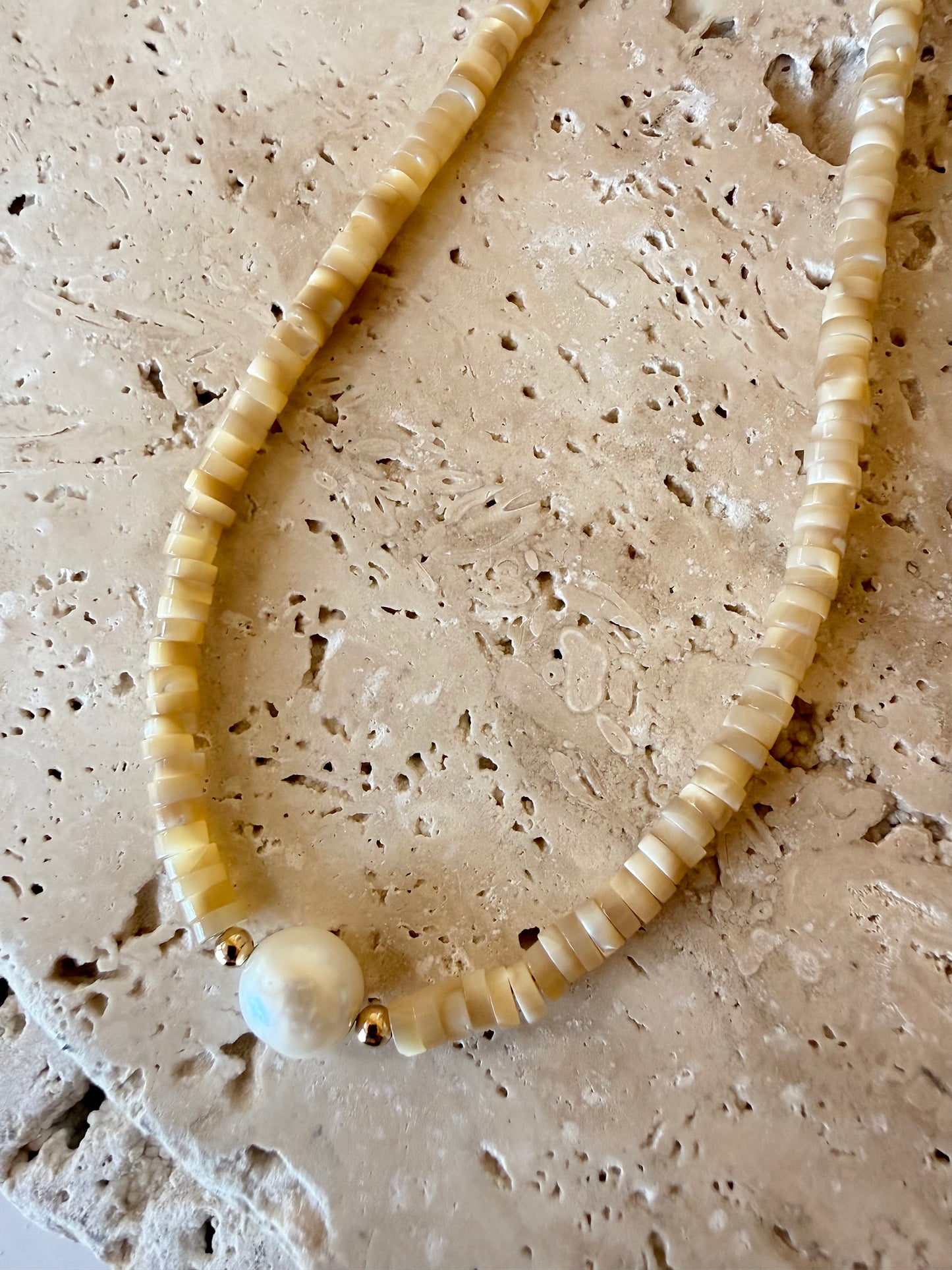 Beige Mother of Pearl Heshi Bead Necklace