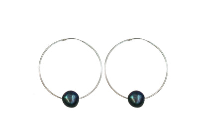 Black Floating Pearl Hoops