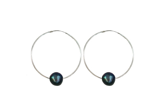 Black Floating Pearl Hoops