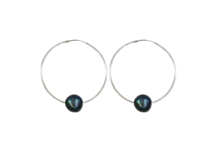 Black Floating Pearl Hoops