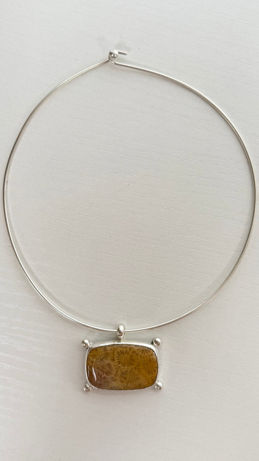 Fossilized Coral Collar Necklace with Beaded Corners